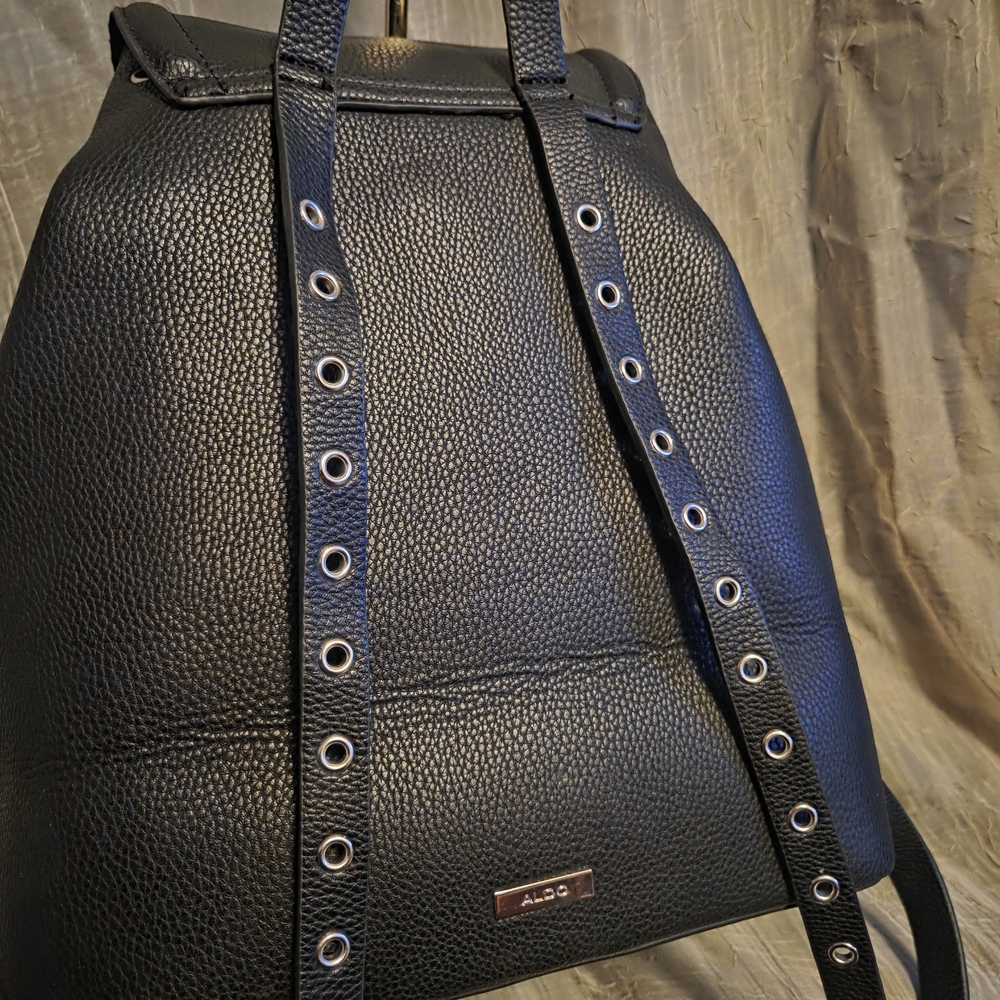 ALDO Black Vegan Leather Backpack Purse | Studded Strap Drawstring Bag